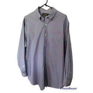 Lauren Ralph Lauren Men's Non-Iron Shirt in Blue w/Red Stripes, Size 17 - 32/33